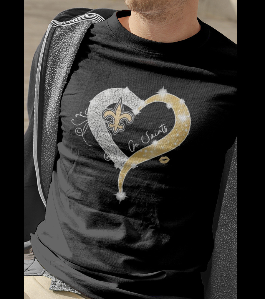 New Orleans Saints Go Saints Fleur-de-Lis Diamond Heart With Gold Sparkle T-Shirt