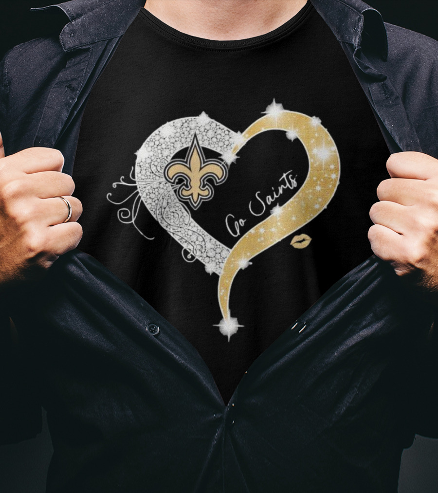 New Orleans Saints Go Saints Fleur-de-Lis Diamond Heart With Gold Sparkle T-Shirt
