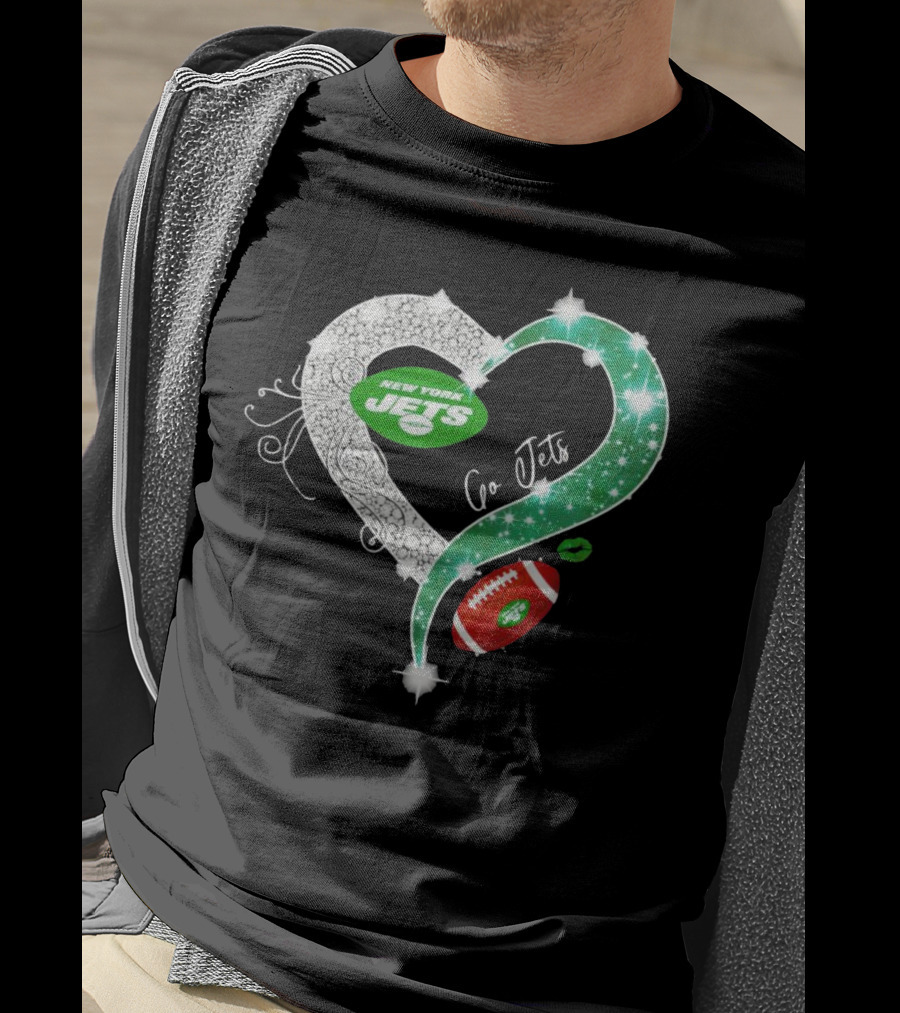 New York Jets Go Jets Diamond Heart Green Football Sparkle T-Shirt