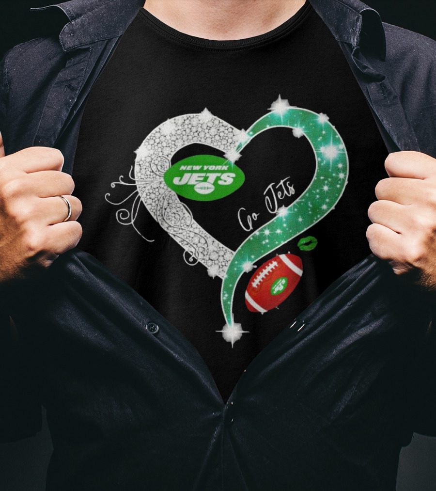 New York Jets Go Jets Diamond Heart Green Football Sparkle T-Shirt