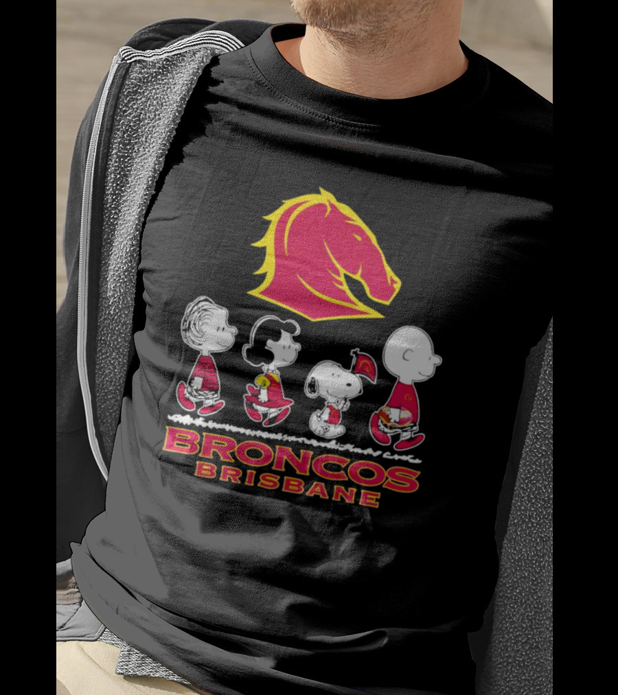 Broncos Brisbane Peanuts Characters Walking Under Horse T-Shirt
