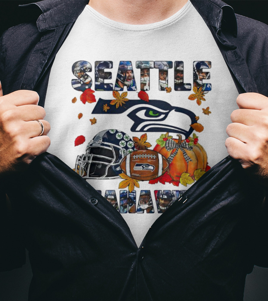 Seattle Seahawks Autumn Leaf Helmet Football Pumpkin T-Shirt