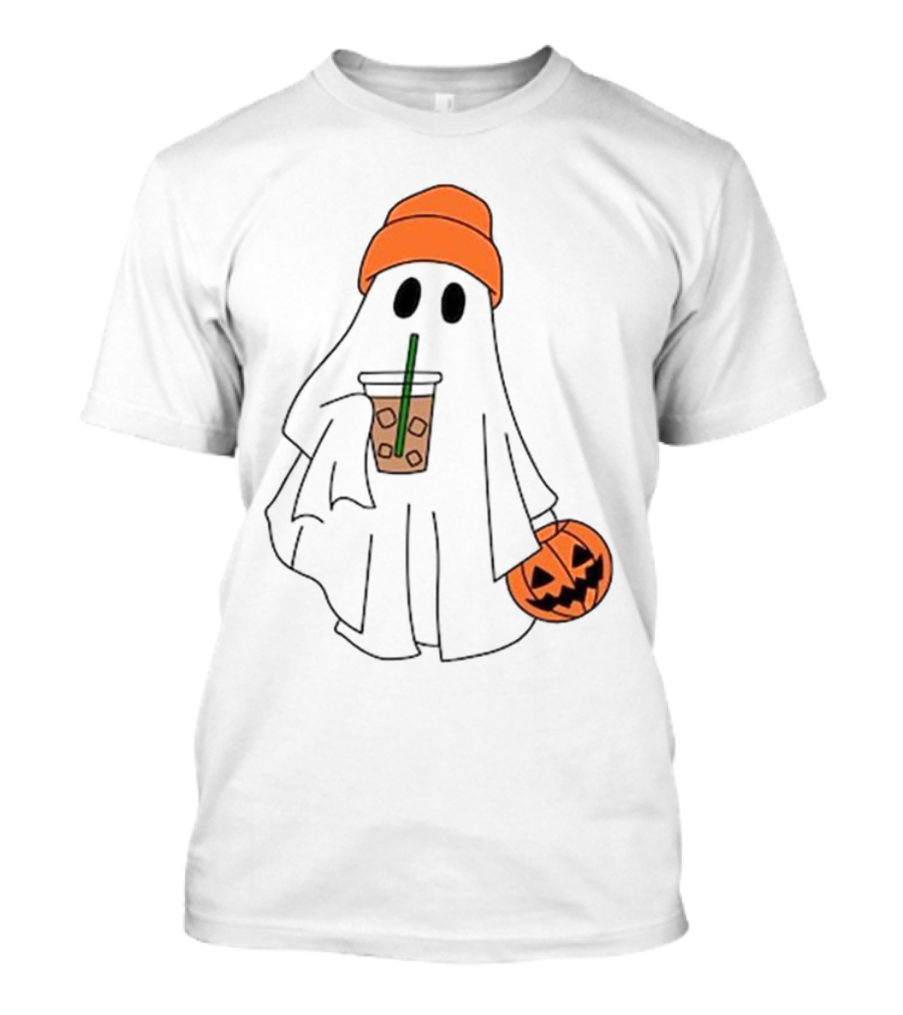 Cute Ghost Drinking Ice Coffee With Pumpkin Hat T-Shirt
