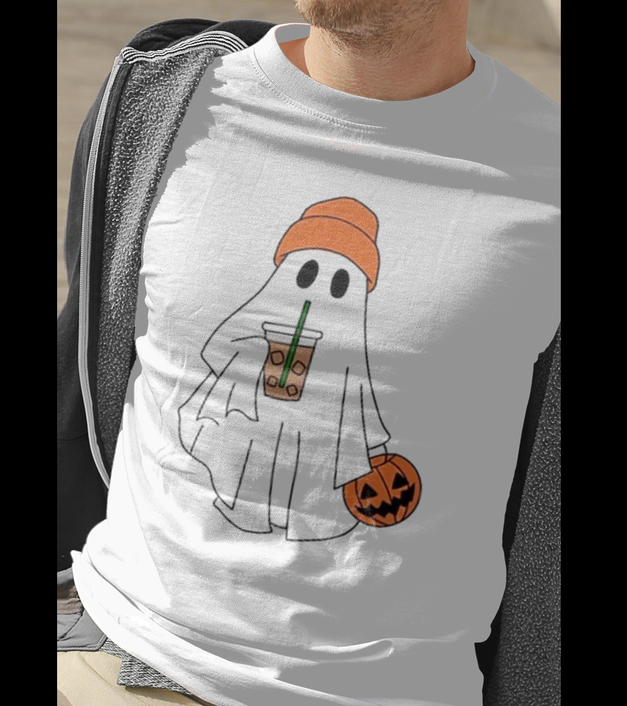 Cute Ghost Drinking Ice Coffee With Pumpkin Hat T-Shirt
