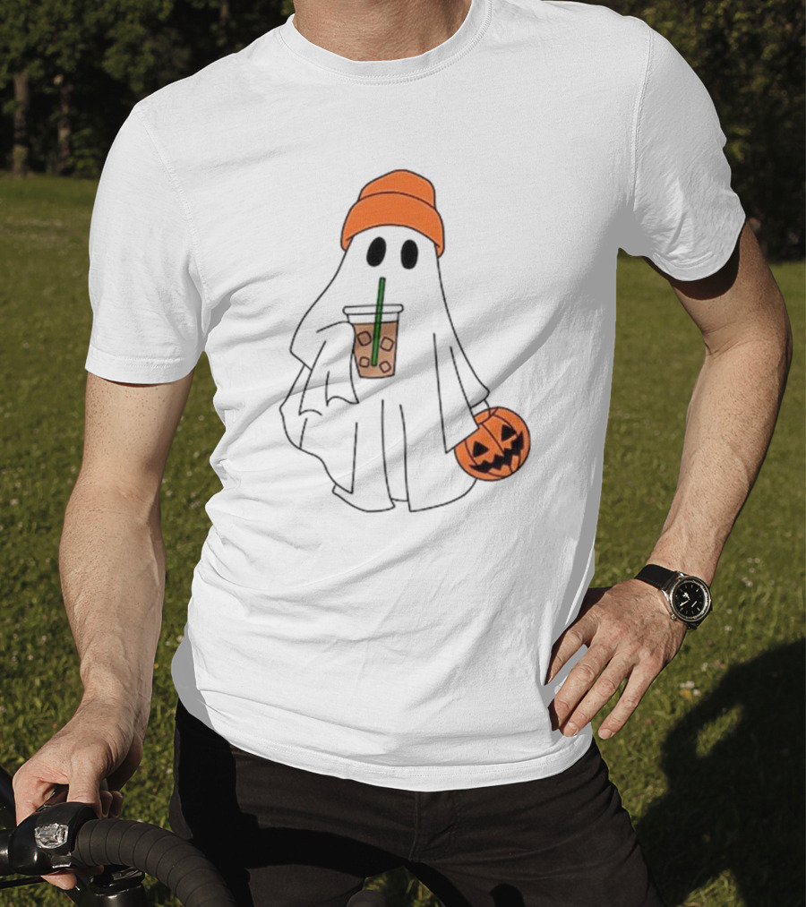 Cute Ghost Drinking Ice Coffee With Pumpkin Hat T-Shirt