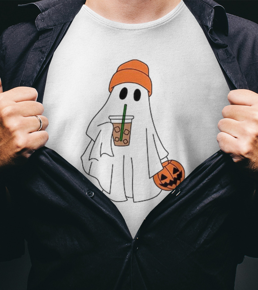 Cute Ghost Drinking Ice Coffee With Pumpkin Hat T-Shirt
