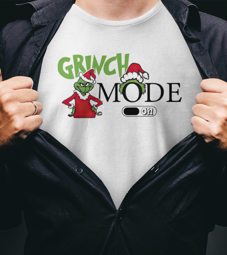 Grinch Mode On With Red Santa Hat And Grinch Drawing T-Shirt