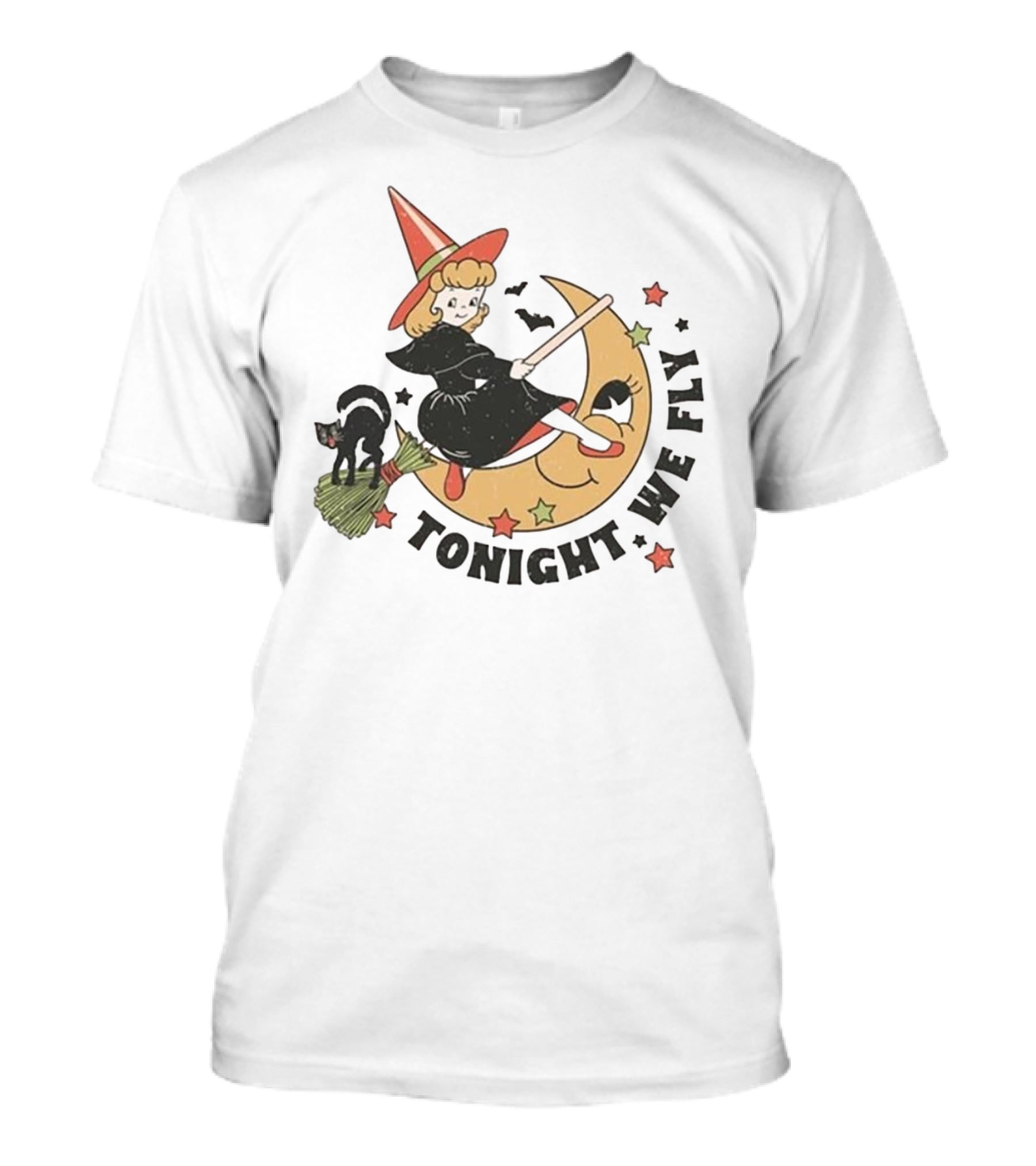 Tonight We Fly Witch On Moon Halloween Cat Stars T-Shirt
