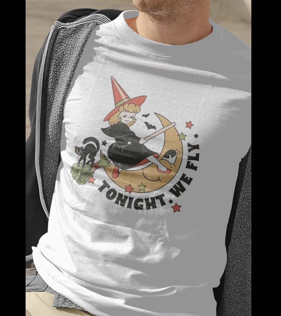 Tonight We Fly Witch On Moon Halloween Cat Stars T-Shirt