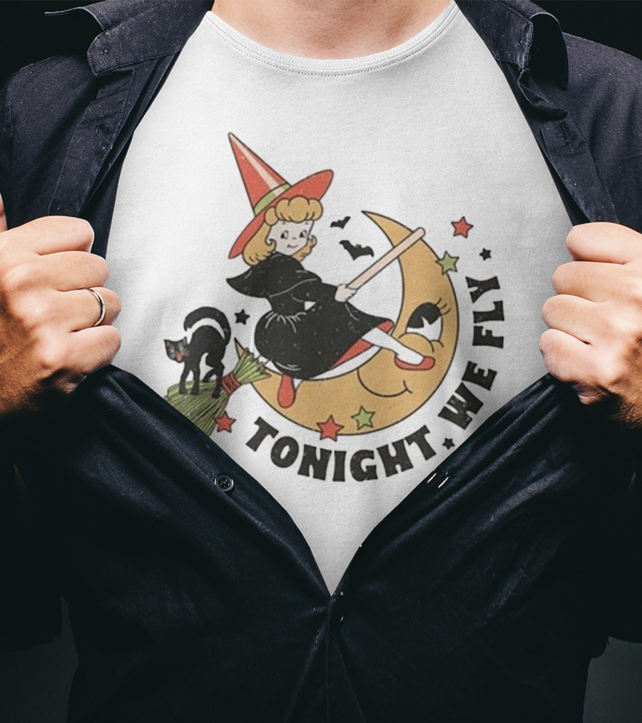 Tonight We Fly Witch On Moon Halloween Cat Stars T-Shirt