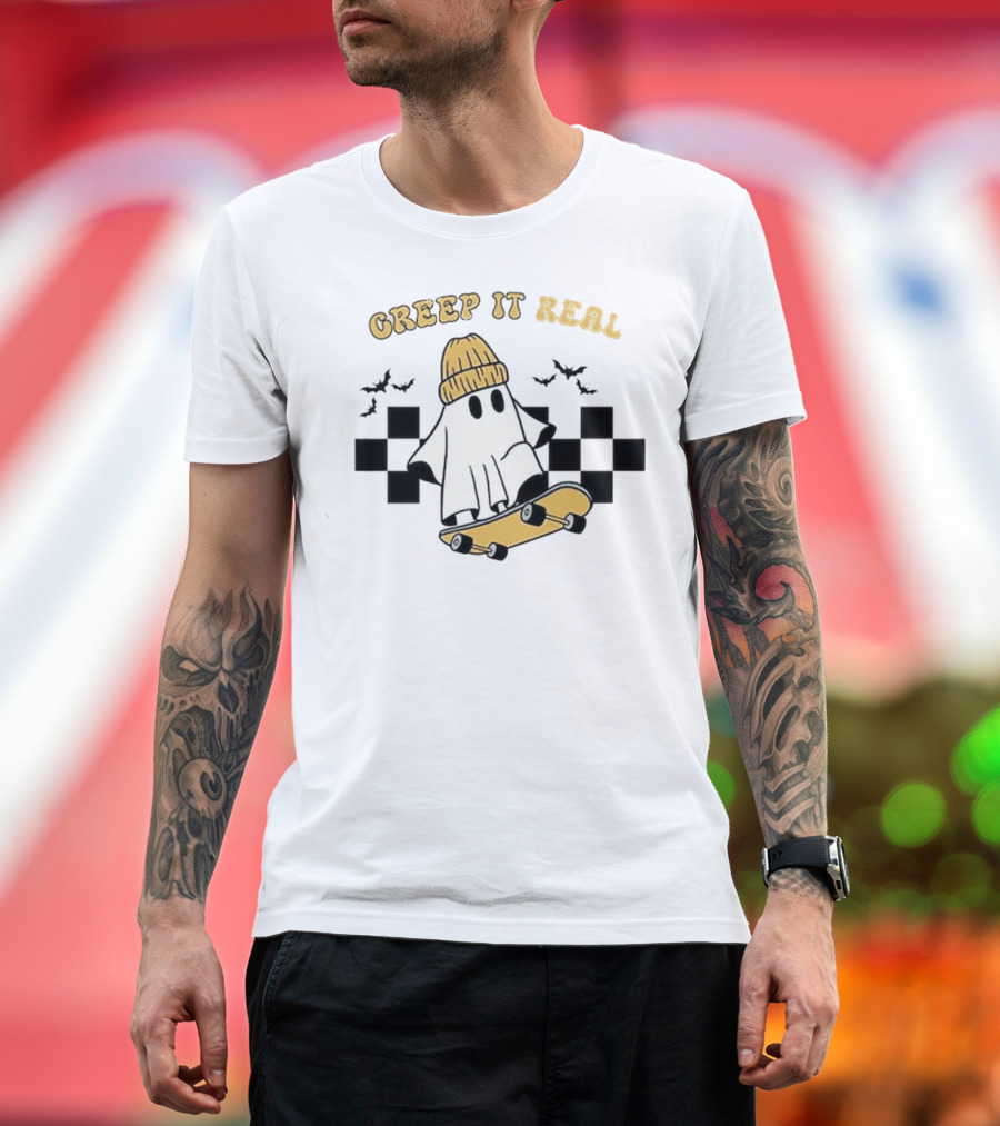 Creep It Real Retro Halloween Ghost Skateboard Bats T-Shirt