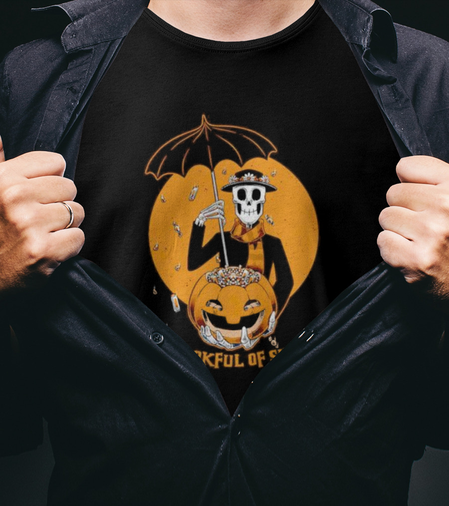 A Spookful Of Sugar Skeleton With Umbrella And Pumpkin Halloween T-Shirt
