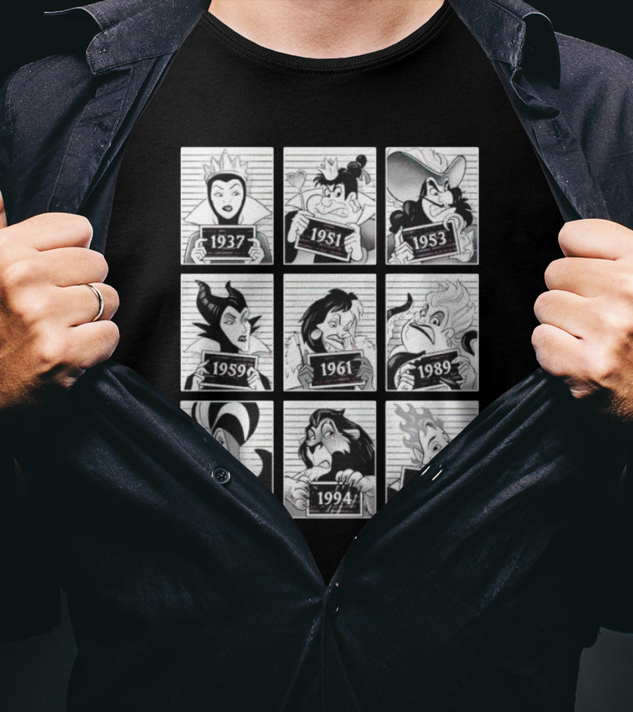 Walt Disney Cartoon Main Antagonists Year Lineup Mugshots 1937 To 1997 T-Shirt