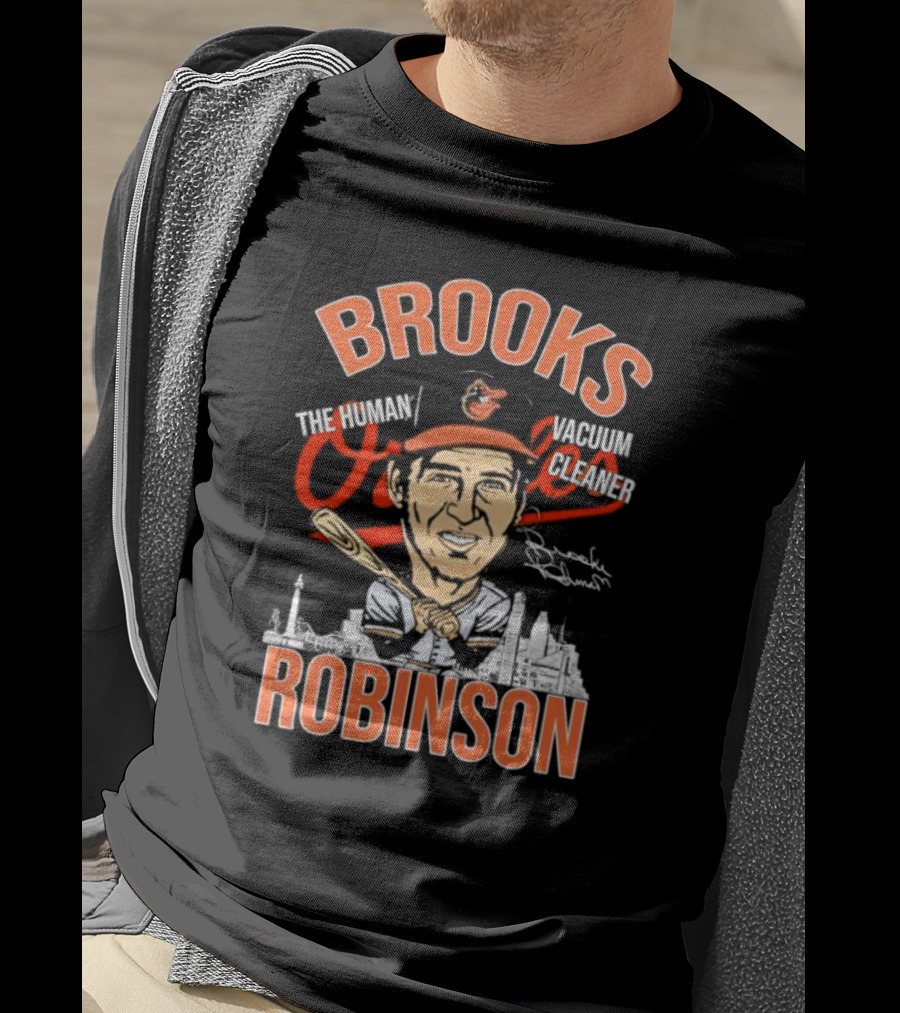 Brooks Robinson The Human Vacuum Cleaner Caricature Signature Orioles Baseball Legend Baltimore Skyline T-Shirt