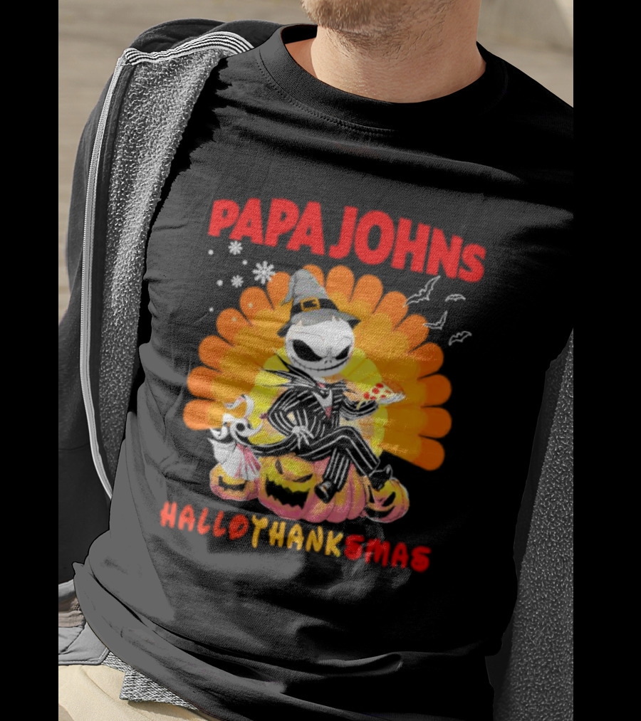 Papa Johns Jack Skellington Halloween HalloThanksMas Turkey Pizza T-Shirt