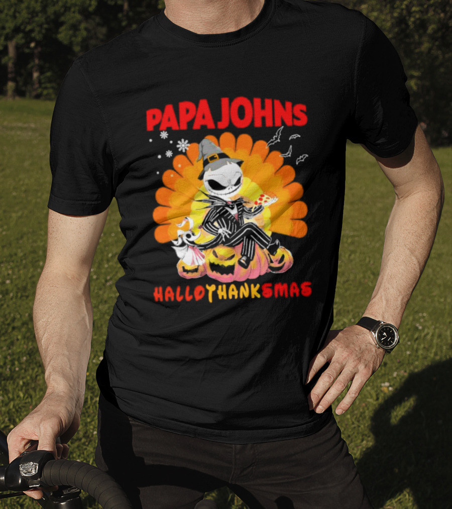Papa Johns Jack Skellington Halloween HalloThanksMas Turkey Pizza T-Shirt