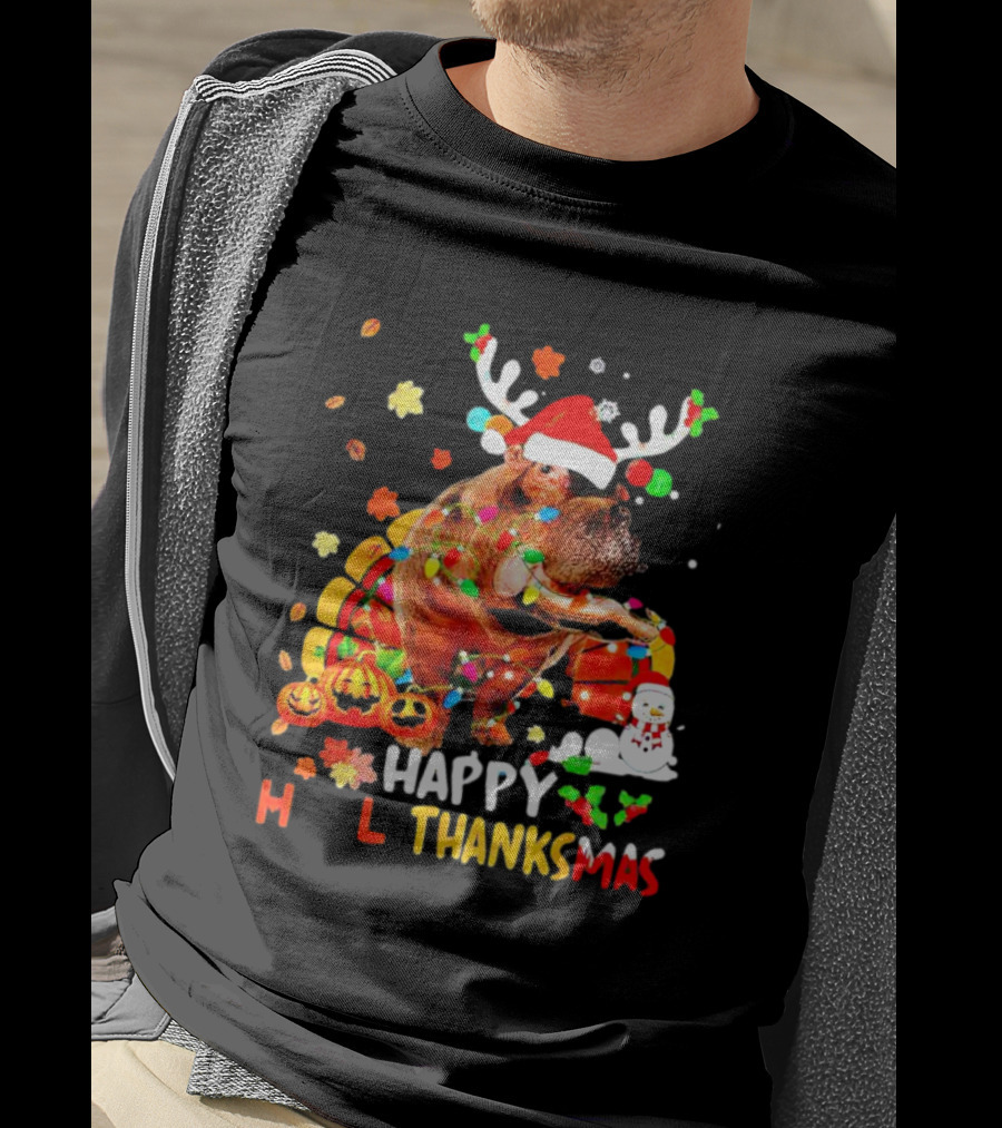 Happy Hallothanksmas Santa Hippopotamus Pumpkin Snowman T-Shirt