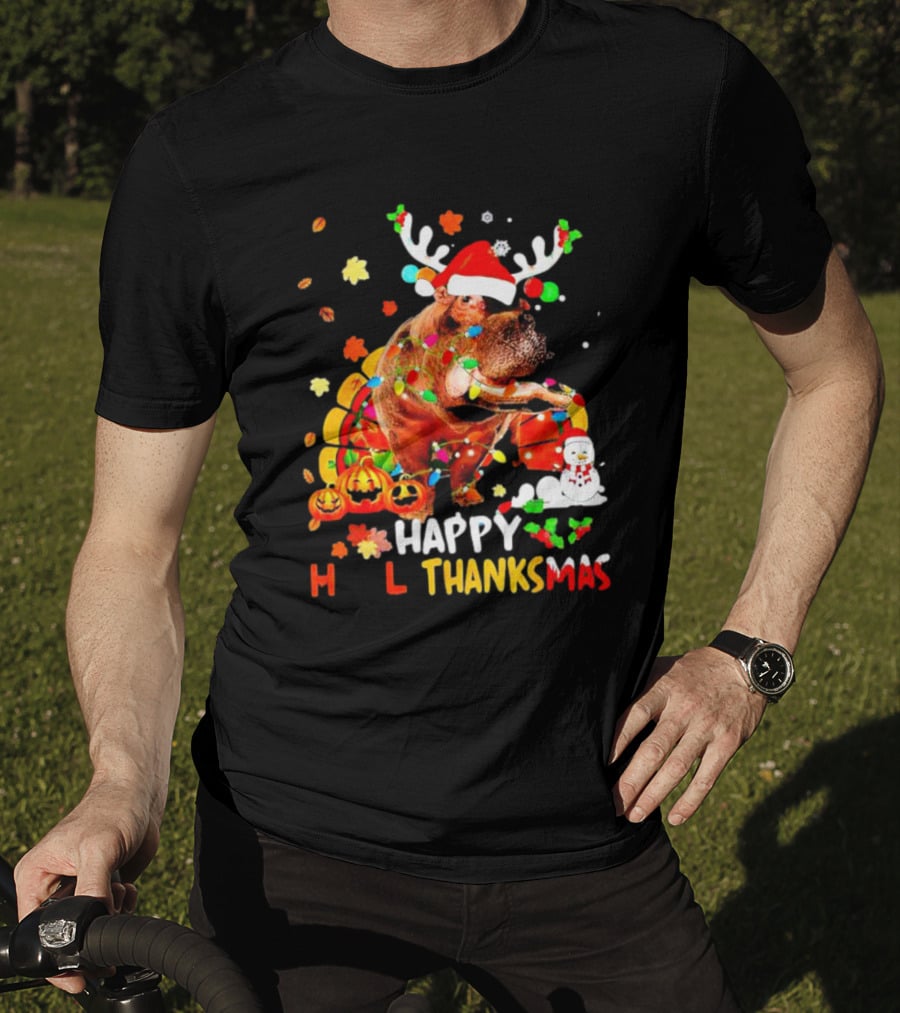 Happy Hallothanksmas Santa Hippopotamus Pumpkin Snowman T-Shirt