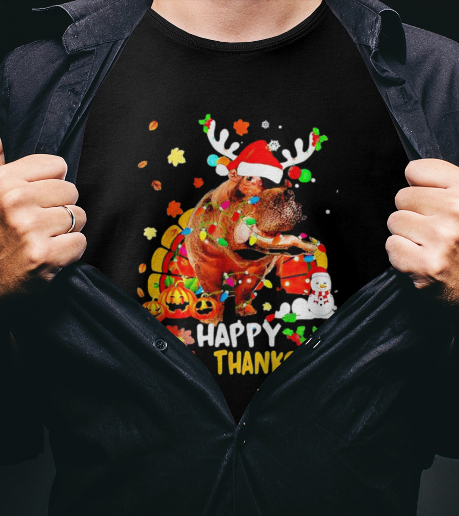 Happy Hallothanksmas Santa Hippopotamus Pumpkin Snowman T-Shirt