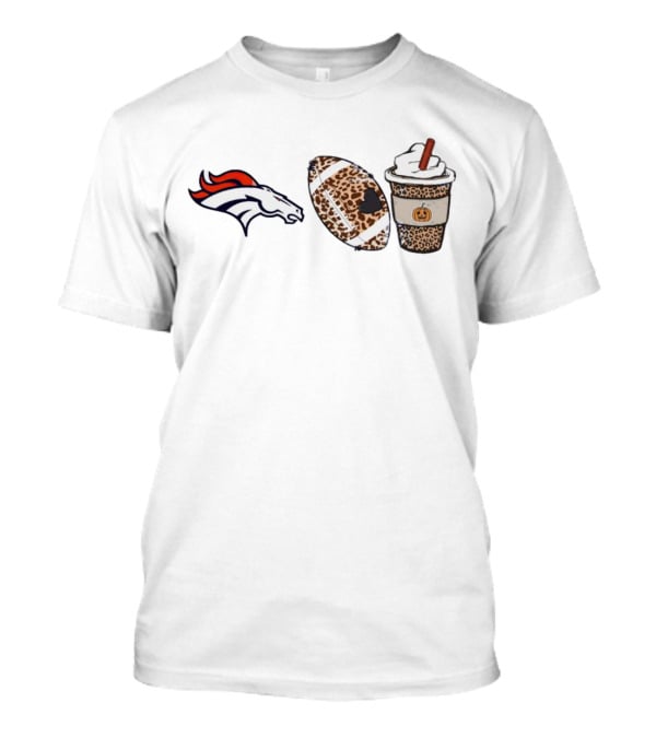 Denver Broncos Fall Season Leopard Theme With Football And Pumpkin Spice Latte T-Shirt