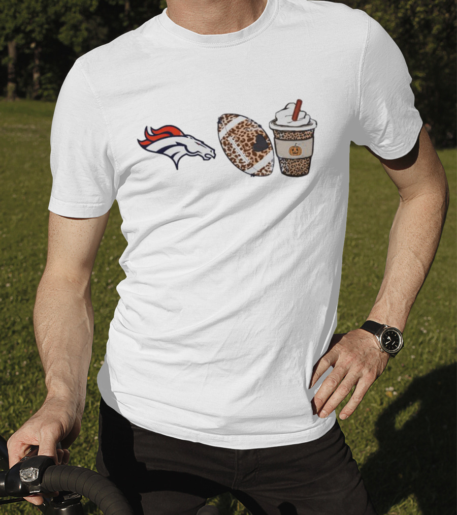 Denver Broncos Fall Season Leopard Theme With Football And Pumpkin Spice Latte T-Shirt