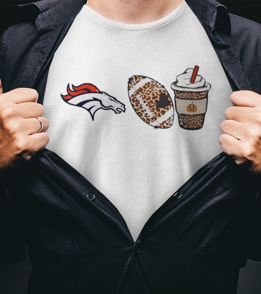 Denver Broncos Fall Season Leopard Theme With Football And Pumpkin Spice Latte T-Shirt