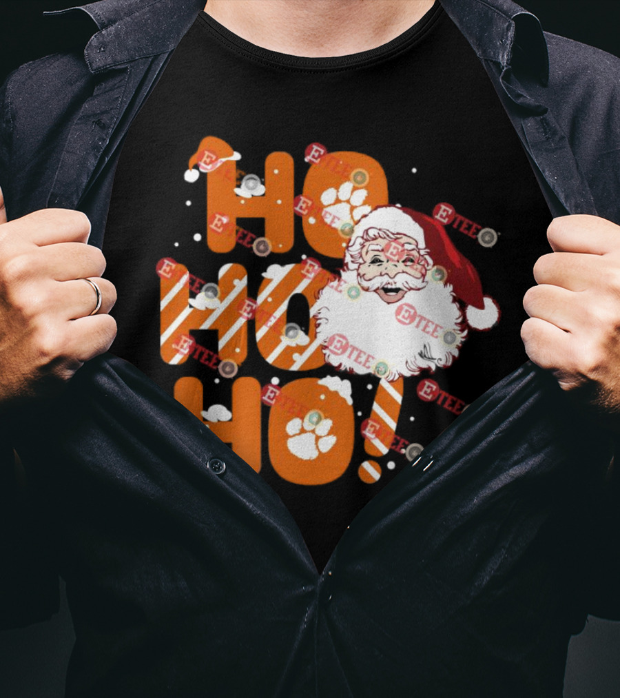 Clemson Tigers Santa Claus Ho Ho Ho Christmas Paw Print Snowflakes T-Shirt