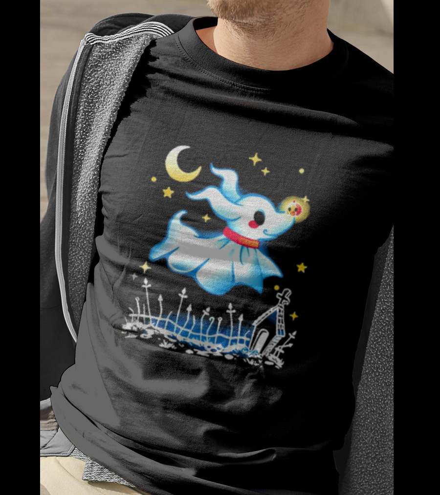 Flying Ghost Dog With Moon And Stars Halloween Scene T-Shirt