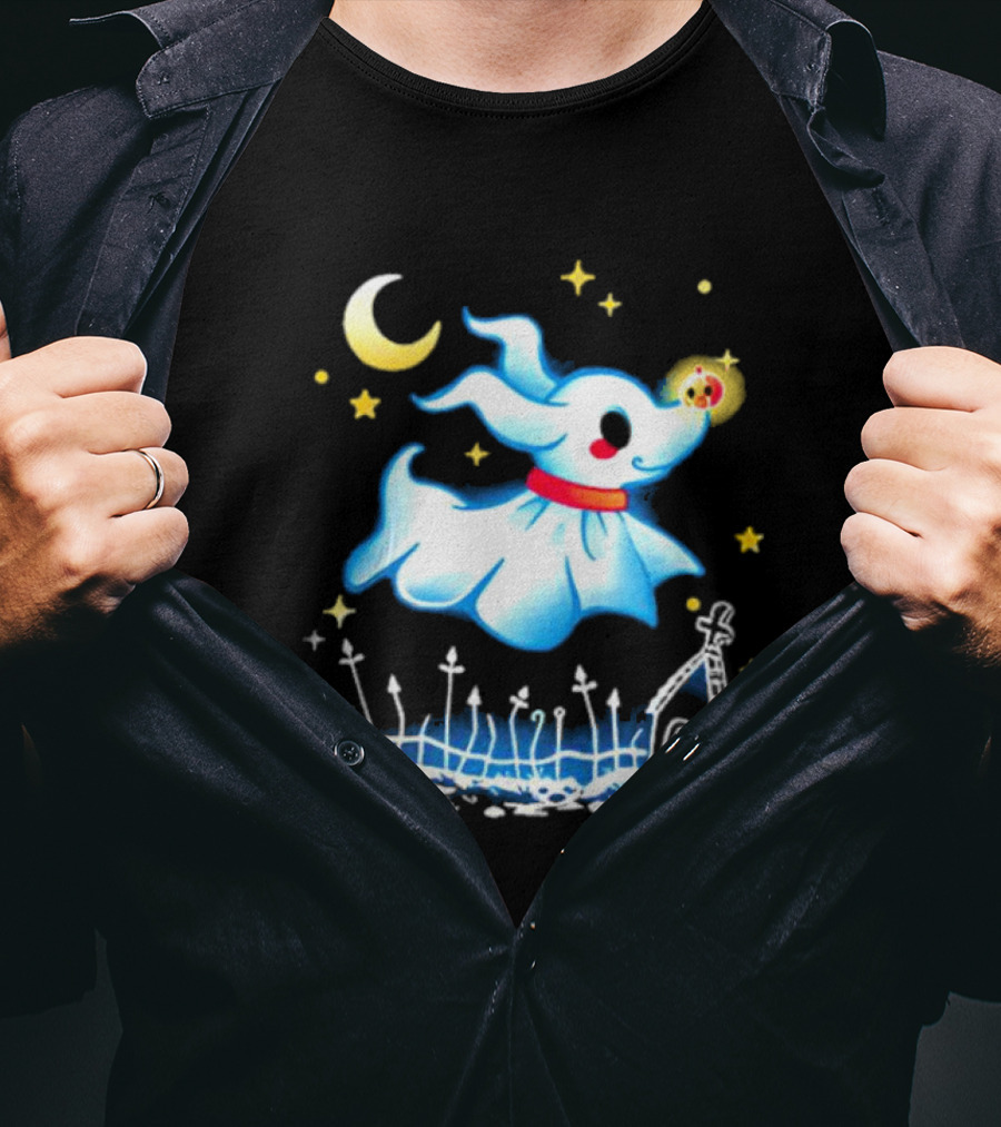 Flying Ghost Dog With Moon And Stars Halloween Scene T-Shirt