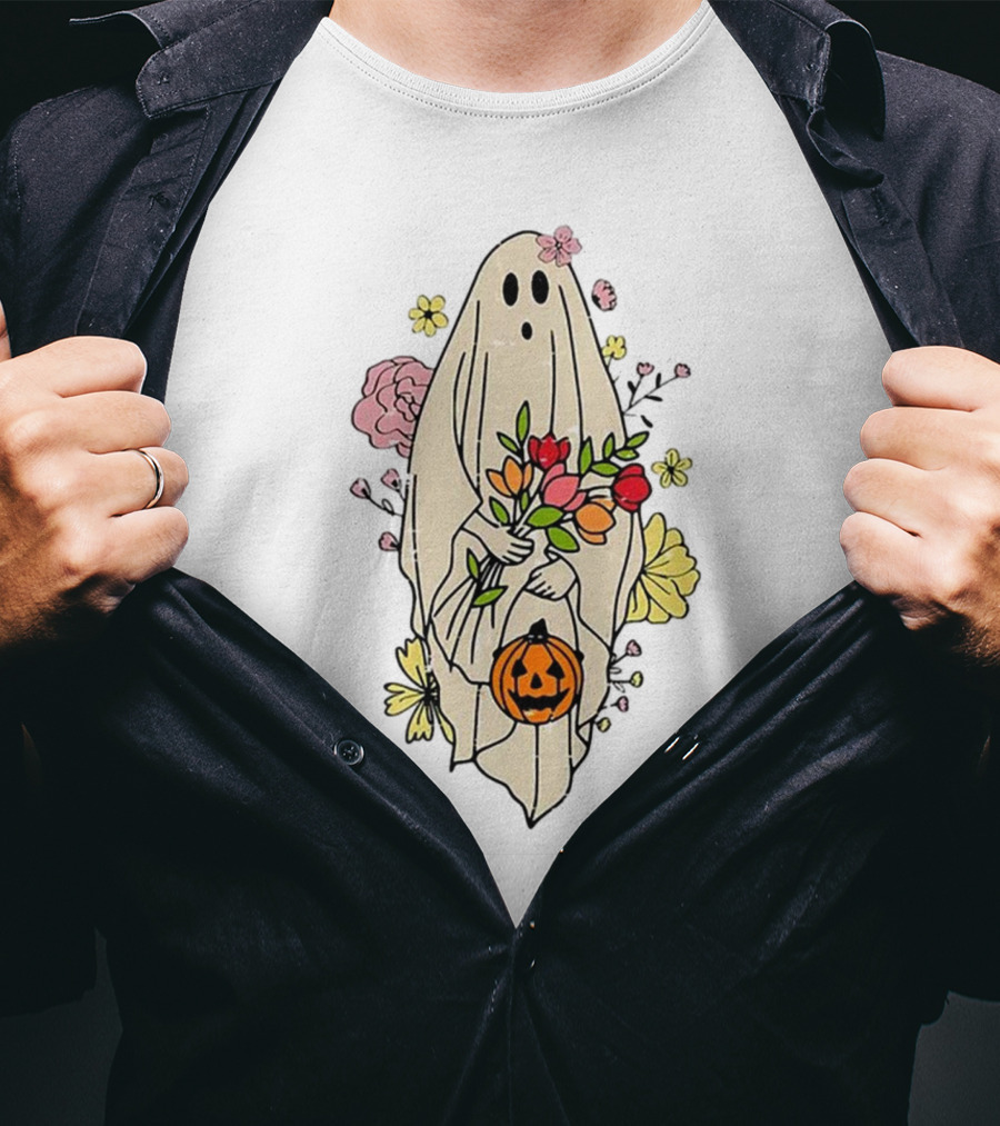 Halloween Pumpkin Costume Funny Vintage Cute Floral Ghost Bouquet T-Shirt