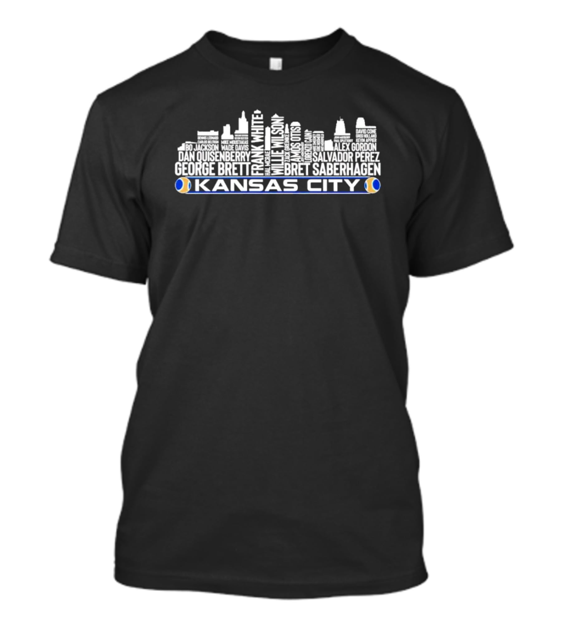Kansas City Skyline Frank White Willie Wilson Salvador Perez Alex Gordon George Brett Bo Jackson Names T-Shirt
