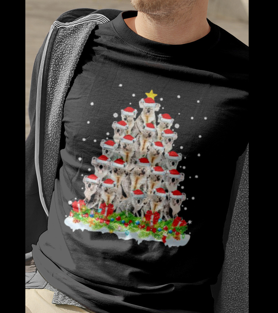 Koala Christmas Tree With Santa Hats Snowflakes And Gifts T-Shirt