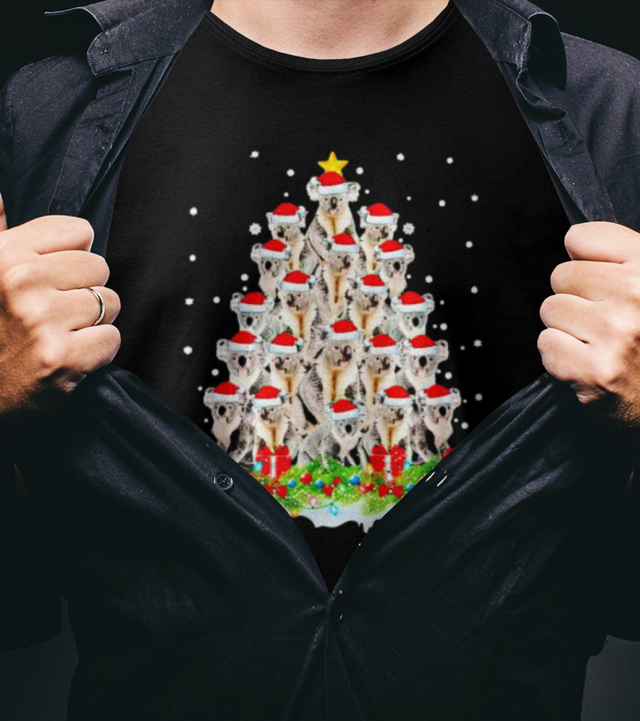 Koala Christmas Tree With Santa Hats Snowflakes And Gifts T-Shirt