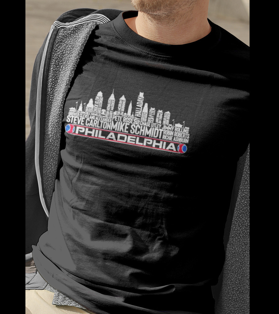Philadelphia Skyline With Mike Schmidt And Roy Halladay Player Names T-Shirt