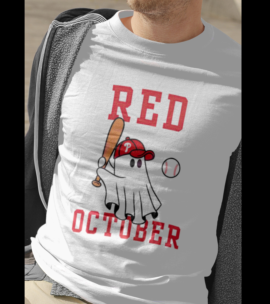 Phillies Red October Ghost Baseball Player In Cap And Bat T-Shirt