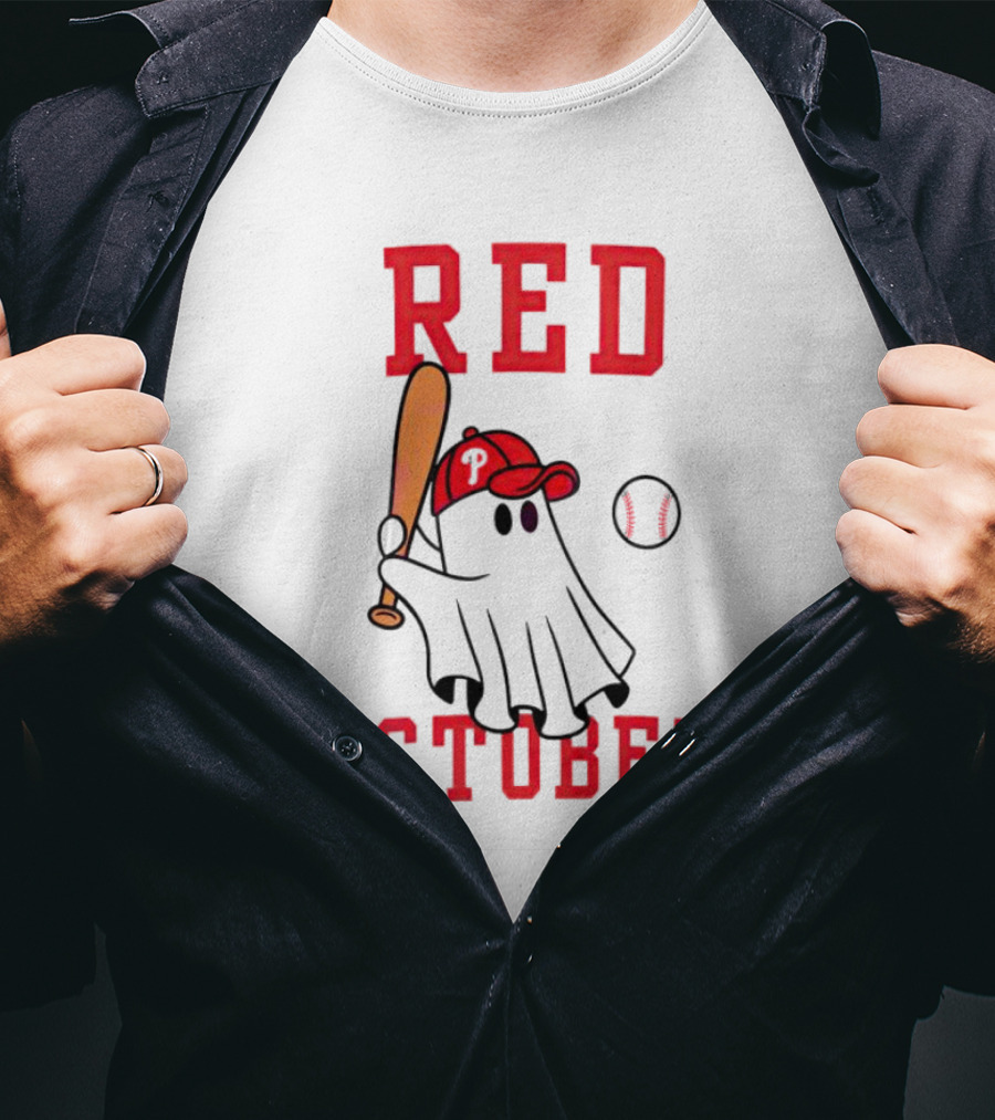 Phillies Red October Ghost Baseball Player In Cap And Bat T-Shirt
