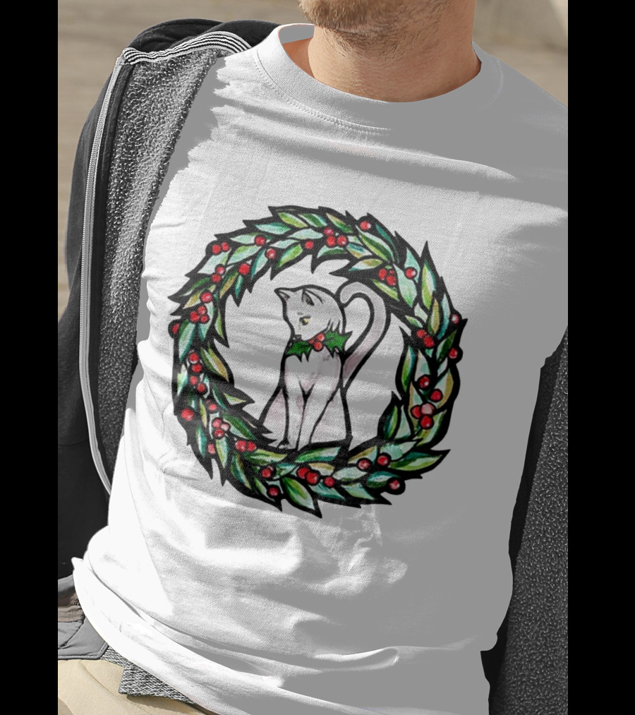 White Cat In Christmas Wreath With Holly And Berries T-Shirt