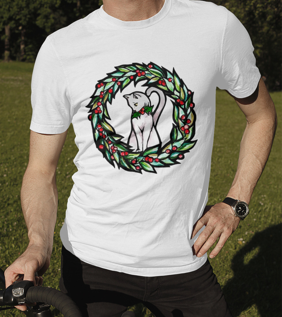 White Cat In Christmas Wreath With Holly And Berries T-Shirt