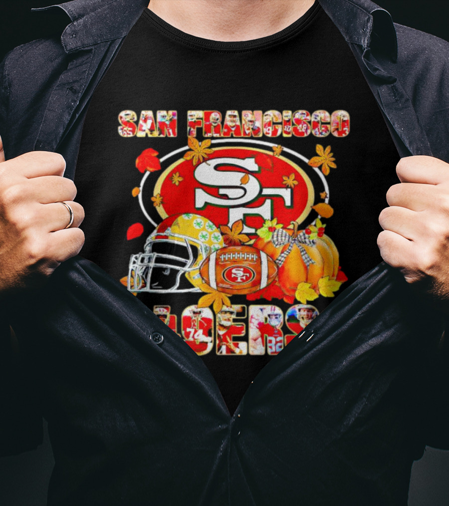 San Francisco 49ers Autumn Football With Helmets And Pumpkins T-Shirt