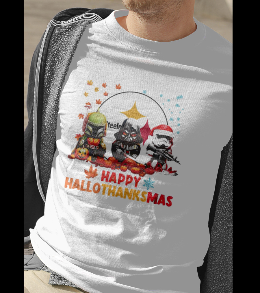 Star Wars Chibi Steelers Happy Hallothanksmas Pumpkins Leaves Snowflakes T-Shirt