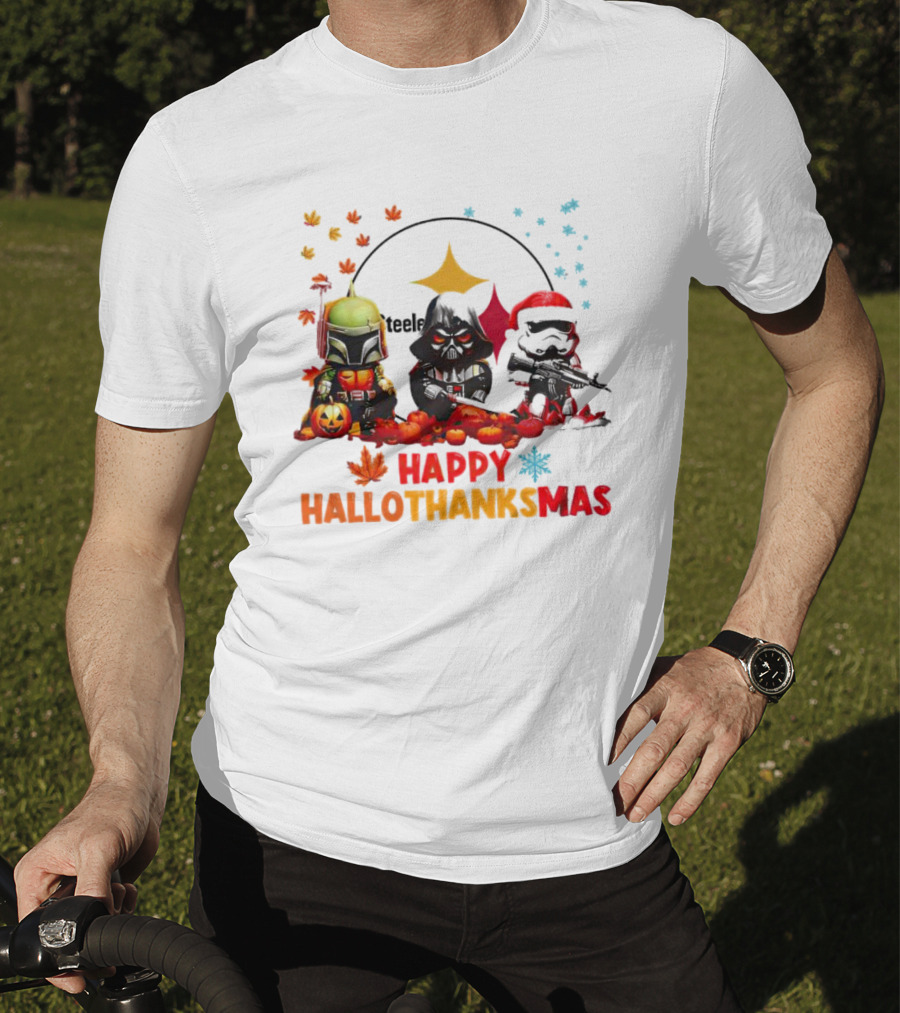 Star Wars Chibi Steelers Happy Hallothanksmas Pumpkins Leaves Snowflakes T-Shirt