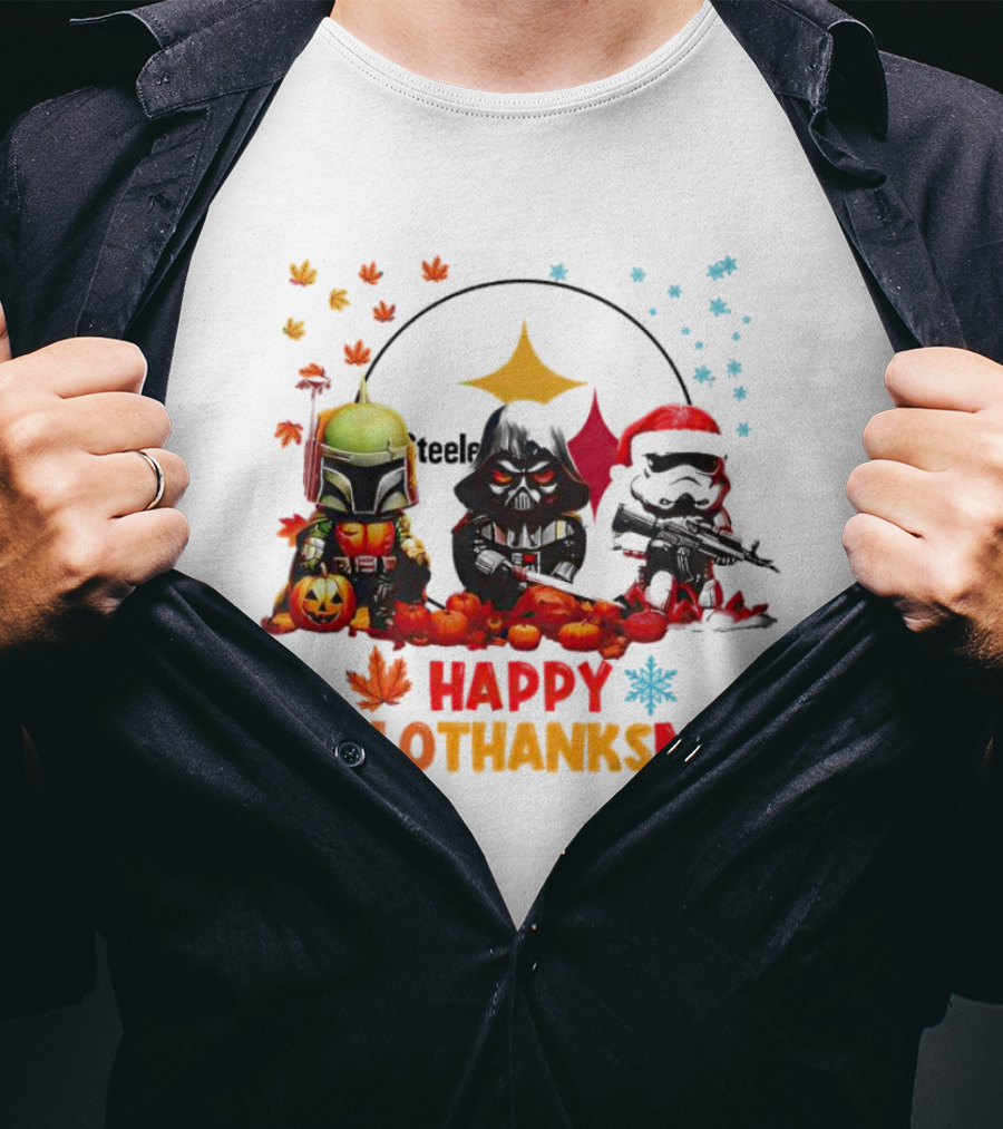 Star Wars Chibi Steelers Happy Hallothanksmas Pumpkins Leaves Snowflakes T-Shirt
