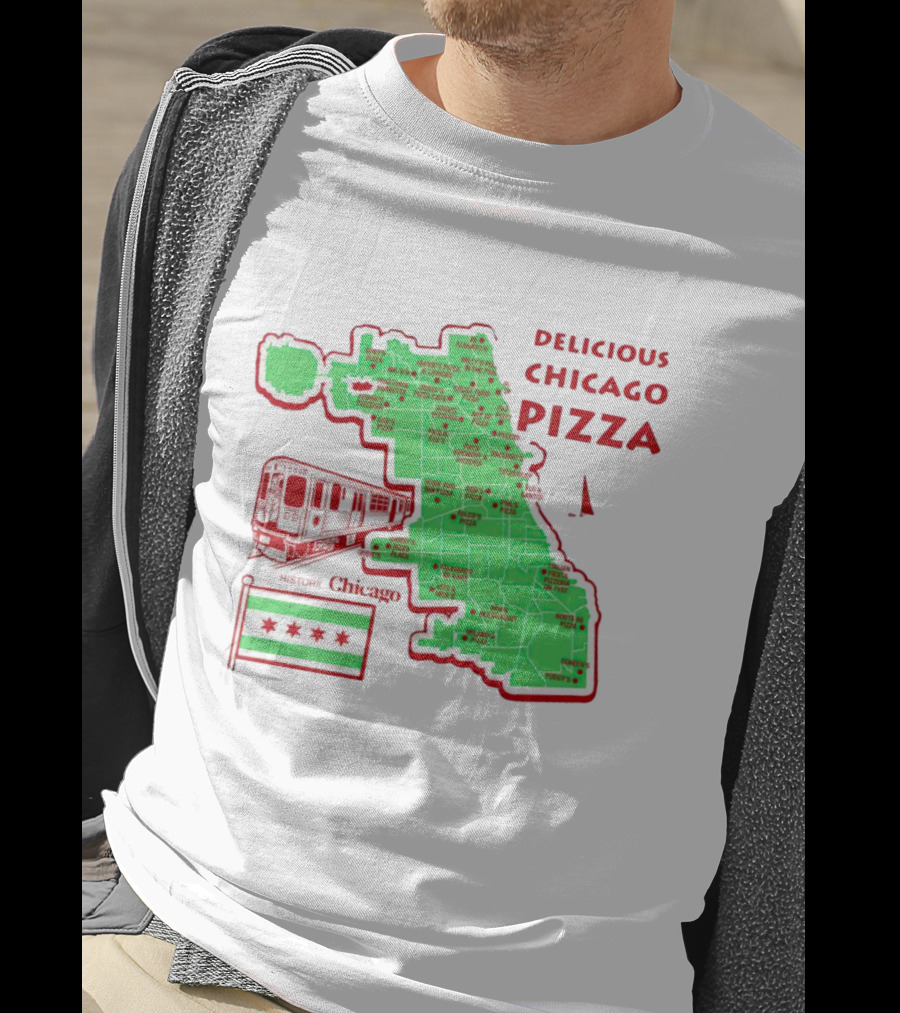 Chicago Map Train Flag Delicious Chicago Pizza T-Shirt