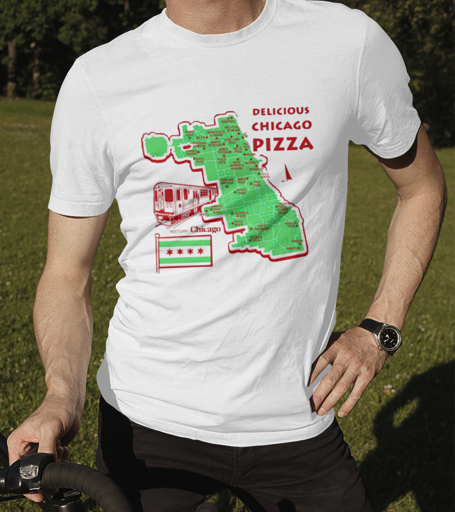 Chicago Map Train Flag Delicious Chicago Pizza T-Shirt