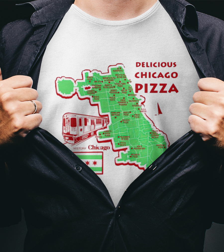 Chicago Map Train Flag Delicious Chicago Pizza T-Shirt