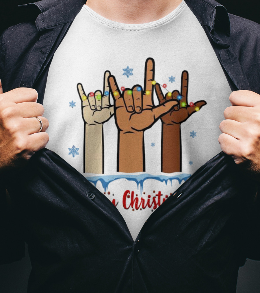 Merry Christmas Deaf Awareness Hand Sign Language With Snowflakes And Festive Lights T-Shirt