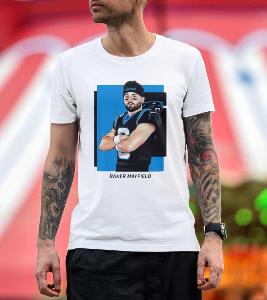 Carolina Panthers Baker Mayfield Artwork with Team Uniform T-Shirt