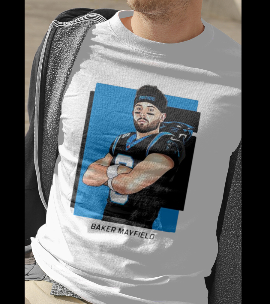 Carolina Panthers Baker Mayfield Artwork With Team Uniform T-Shirt
