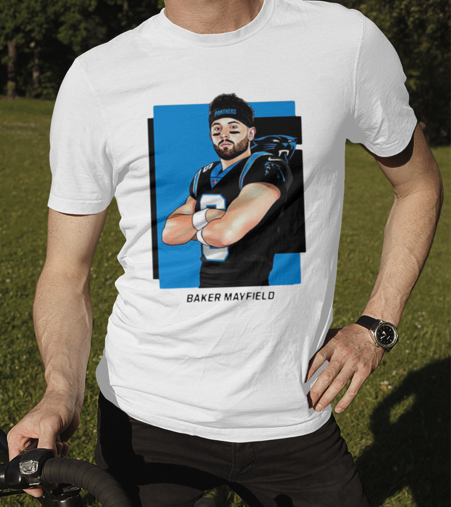 Carolina Panthers Baker Mayfield Artwork With Team Uniform T-Shirt