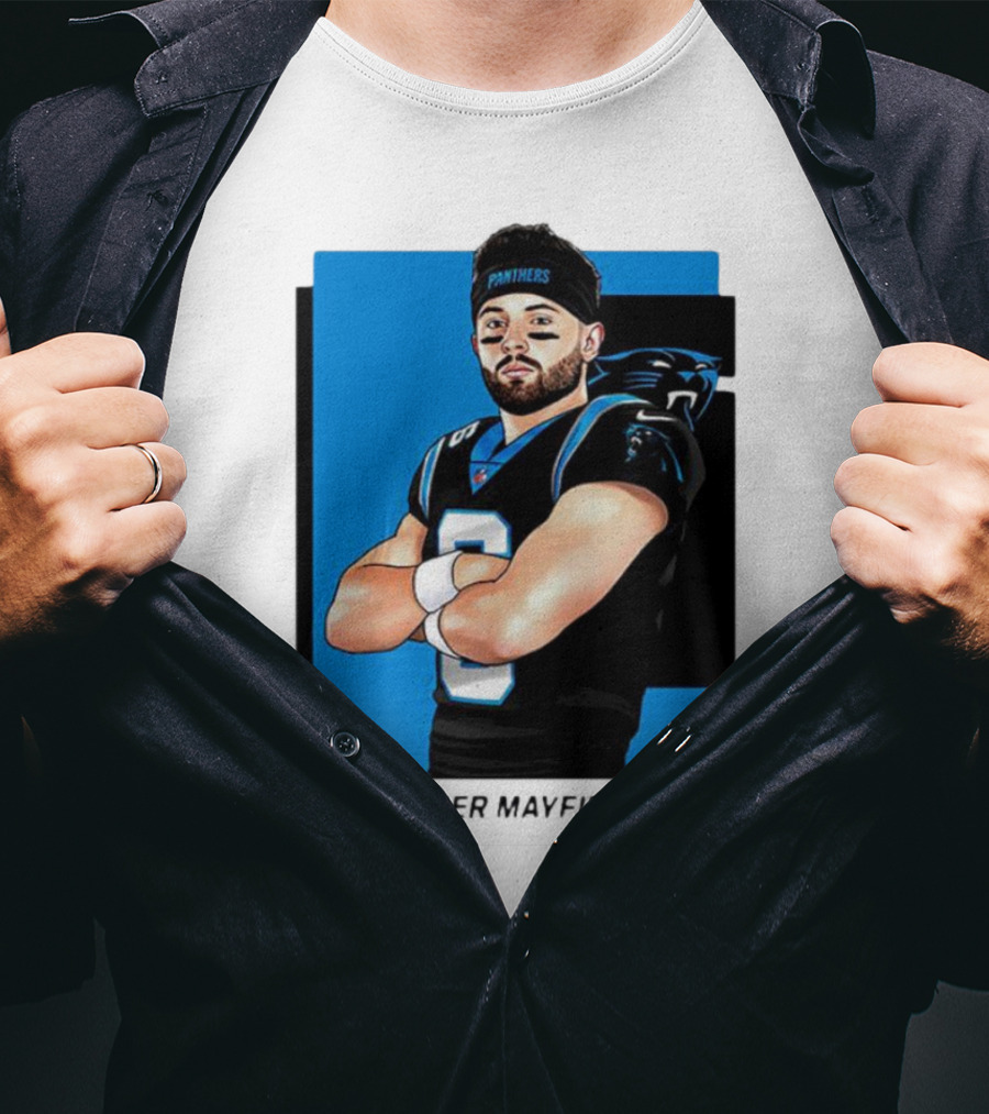 Carolina Panthers Baker Mayfield Artwork With Team Uniform T-Shirt